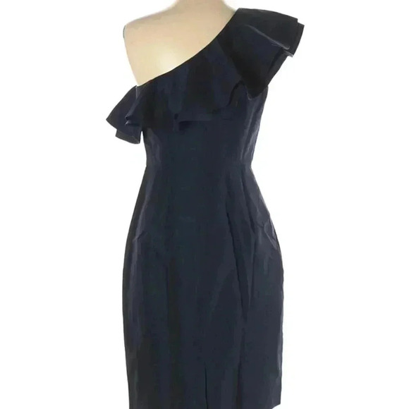J.Crew One Shoulder Ruffle Mini Dress Navy Blue Size 4 Knee Length - Picture 3 of 3